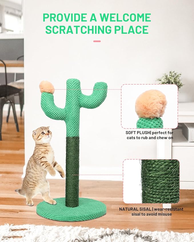 Bdor Cat Scratching Post, Cactus Cat Scratcher with Nature Sisal Rope for Indoor Adults Cats and Kitten, Resistant Carpet Scratch Post, Green