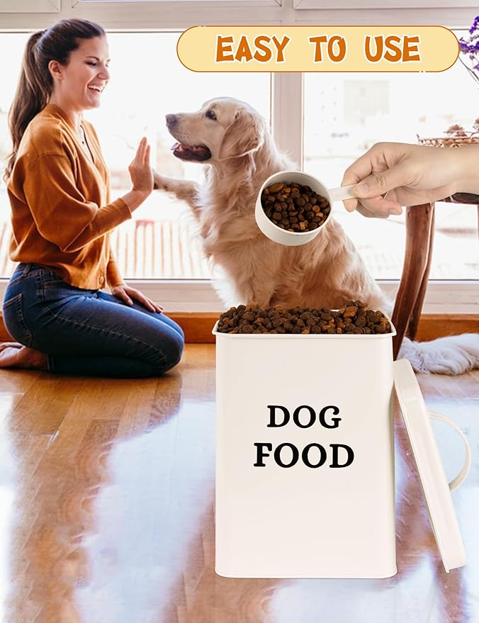 2 Packs Metal Airtight Dog Food Storage Container, Dog Treat Container With Lid & Scoop, Farmhouse Dog Treat Jar Dog Food Container, Cream