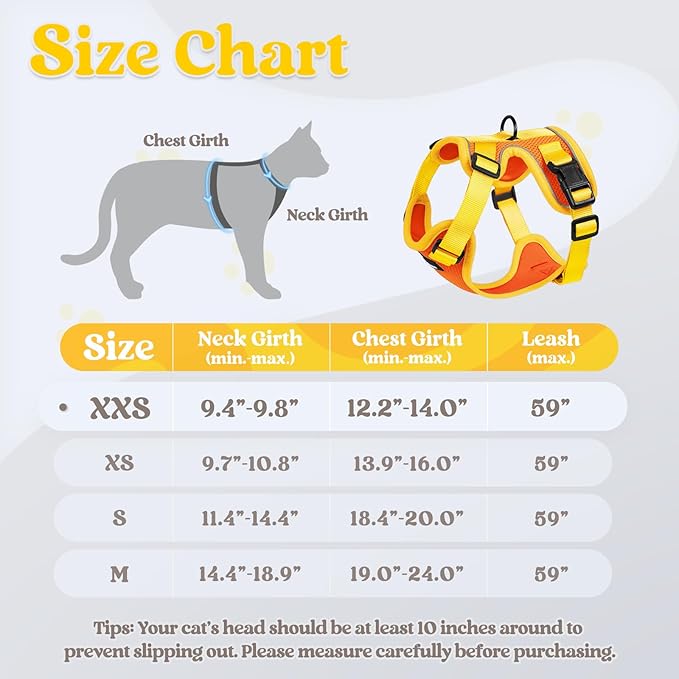 rabbitgoo Cat Harness and Leash Set, Escape Proof Soft Adjustable Vest Harnesses for Outdoor Walking, Easy Control Breathable Kitten Jacket with Reflective Strips, Orange & Yellow, XXS