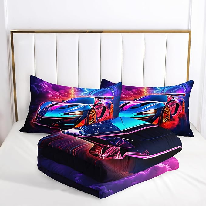 AILONEN Kids Race Car Bedding Set Twin Size,Red and Blue Speed Extreme Sport Racing Car Comforter Set for Boys Teen,3 Piece Soft Racer Duvet with 2 Pillowcases