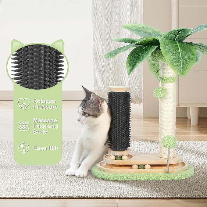 Cat Scratching Post, 29" Tall Cat Scratcher Post with Cat Self Groomer, Dangling Plush Balls, 5-in-1 Interactive Trackball Cat Toys for Indoor Cats with 2 Layer Tracks 6 Spinning Balls Sisal Cat Tree