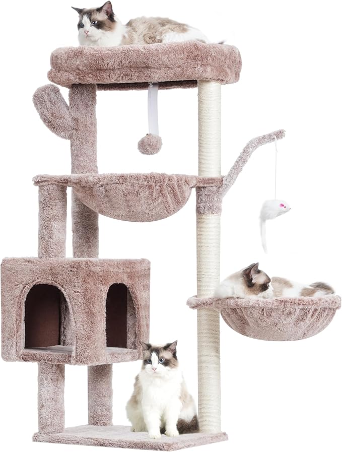 Heybly Cat Tree, 39.4 Inches Tower Condo with Scratching Post, Cat Tower for Indoor Cats, Fully Wrapped Sisal Pole, Soft Platform, 2 Baskets and Dangling Toy, Muchroom HCT006SMU