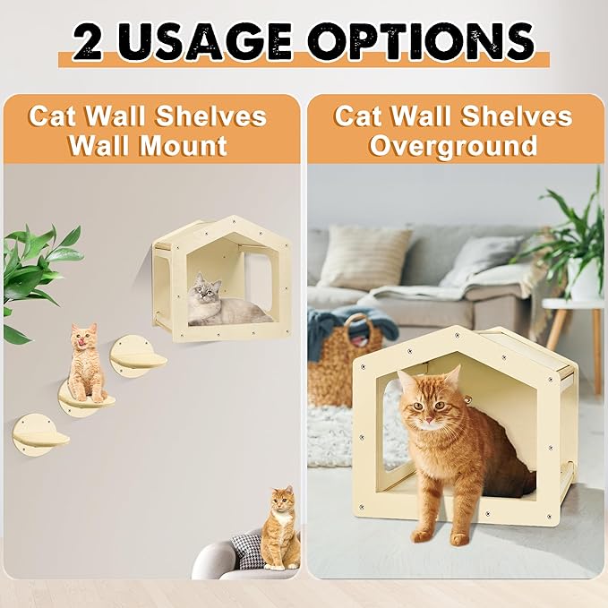 Cat Wall Shelves, Cat Shelves and Perches for Wall, Cat House Fit Cat Up to 25Lbs, 1 Cat Condo House and 3 Large Cat Steps with Scratching Pad, Cat Climbing Shelf for Indoor, Cat Wall Furniture