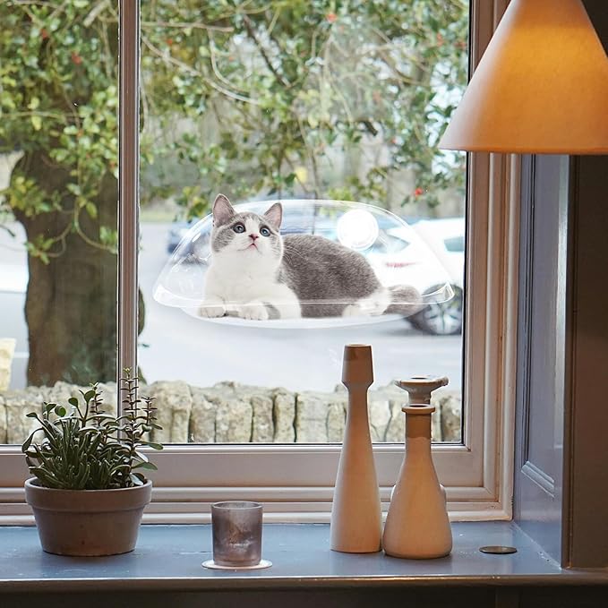 Cat Window Hommock Bed - Clear Plastic with 2 Strong Suction Cups, Space-Saving Window Mounted Shelf for Indoor Cats