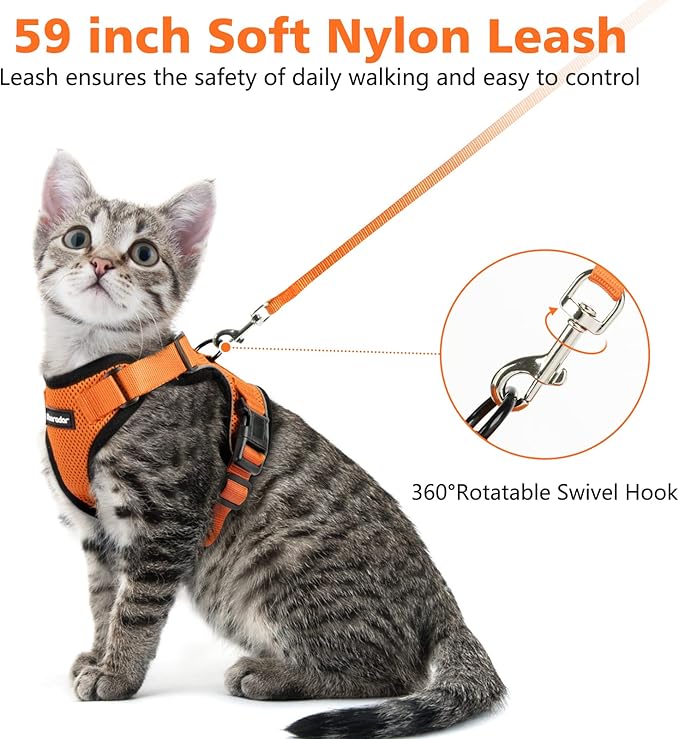 Dooradar Cat Harness and Leash Set, Escape Proof Safe Adjustable Kitten Vest Harnesses for Walking, Easy Control Soft Breathable Mesh Jacket with Reflective Strips for Cats, Orange, S