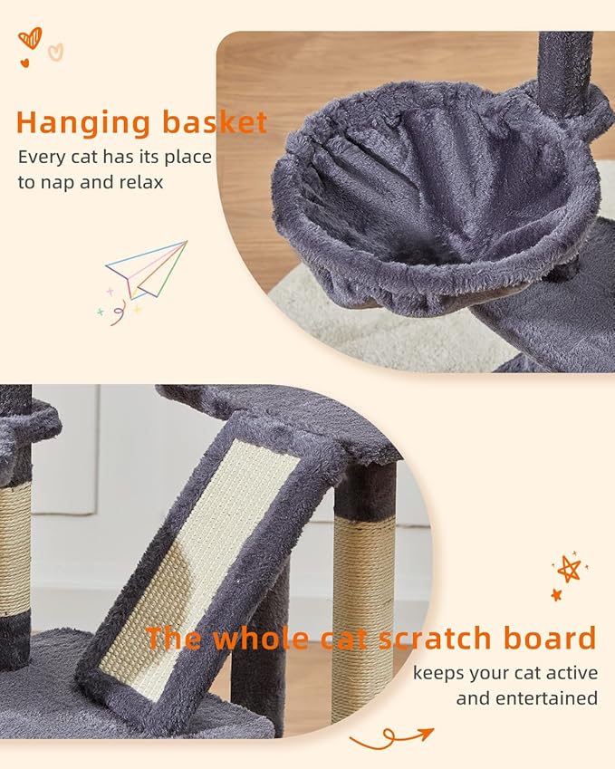 Taoqimiao Cat Tree,38.2-Inch Cat Tower for Indoor Cats,Suitable for Kittens with Luxurious cat condo with Adjustable Baskets and Luxurious Perch MS029SG Smoky Gray