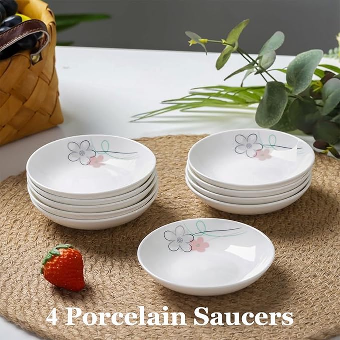4 Pack Saucer Dishes with Pink Flower Pattern, Ceramic Dipping Bowls, 4 Inch Side Dishes Sauce Dishes for Sushi Snack, Porcelain Seasoning Dishes Appetizer Plates, Snack Serving Dishes