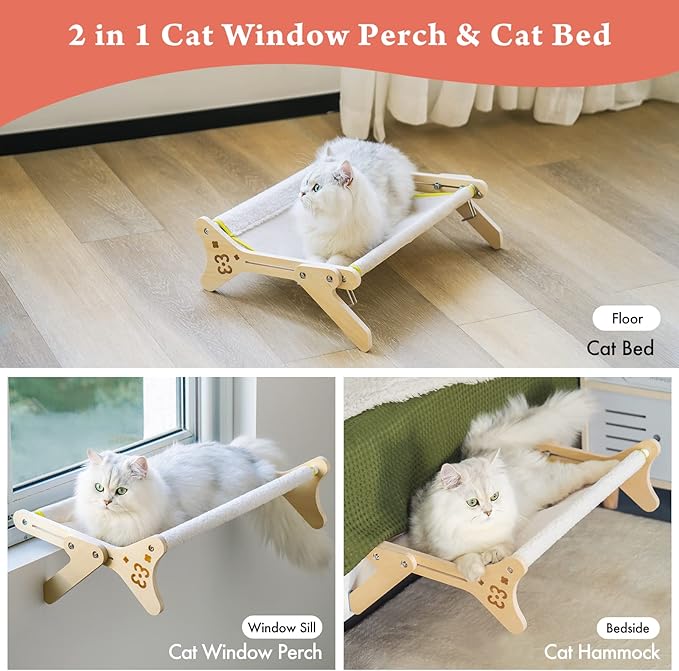 Cat Window Perch Cat Window Hammock for Indoor Cats Steady Sturdy Adjustable Cat Bed Providing All-Around Sunbath Space Saving Washable (Beige, Medium)