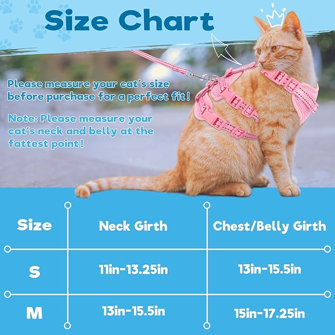Cat Harness and Leash Set for Walking, Escape Proof Soft Vest Harness for Cats, Adjustable Reflective Kitten Harness for Small Medium Large Cats, Breathable Kitty Harness, Pink S
