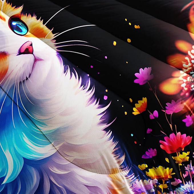 AILONEN Girls Cat Comforter Set Full Size, Cute Orange Cat Kawaii Bedding Set for Kids Boys,Botanical Floral Daisy Duvet Set 3 Pieces, 1 Quilt and 2 Pillowcases