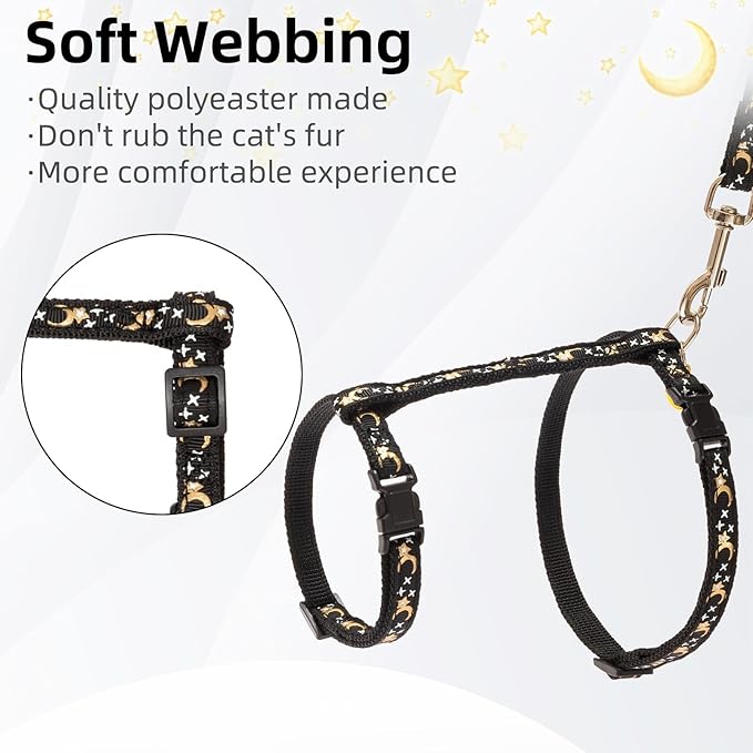 PUPTECK Adjustable Cat Harness and Leash Set Escape Proof Kitten Strap Collar for Walking Travel, Moon&Star