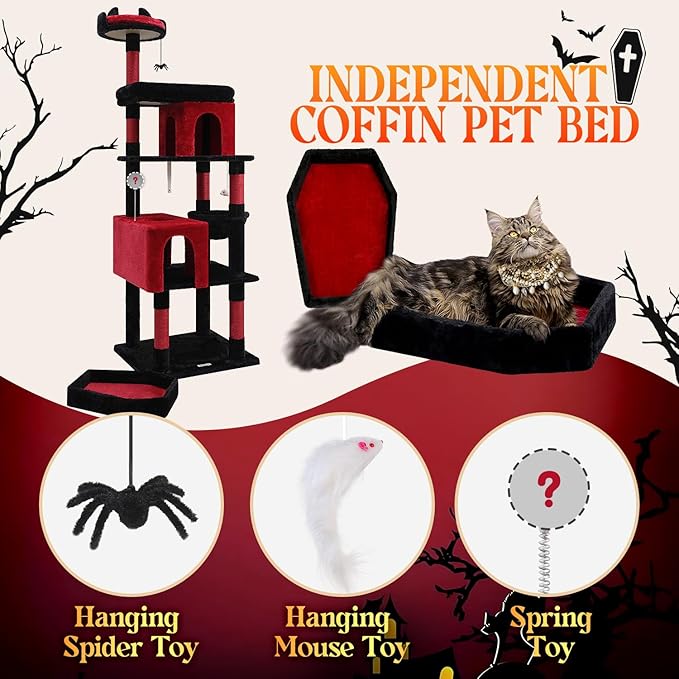 S72 Heavy Duty Gothic Cat Tree, 72in Large Cat Tower with Coffin Bed, Sturdy Maine Coon Cat Tree for Large Cats 20 lbs+, Medieval Castle Style with 6 Scratching Posts & Hammock, Black & Red