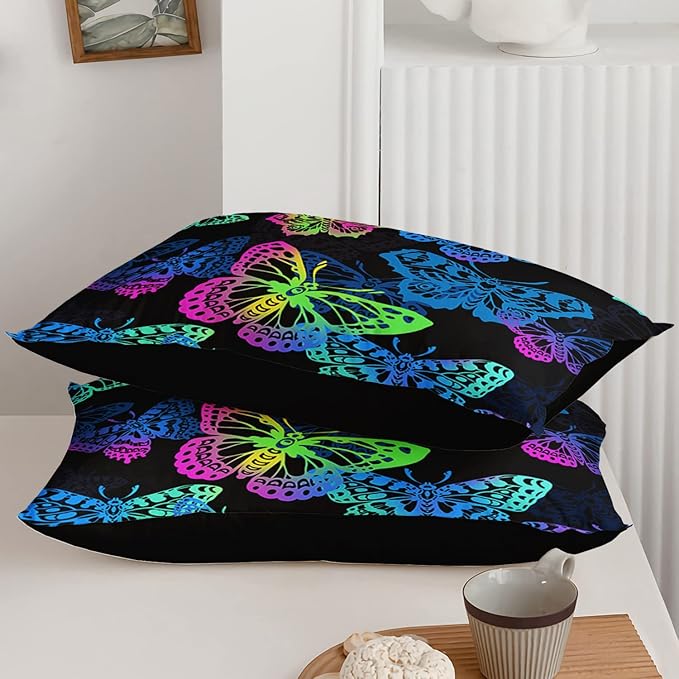 Axolotl Colorful Butterflies Bedding Set,Full Size Kids Bed Set,Gradient Butterfly Comforter Set,1 Quilt with 2 Pillowcases for Boys Girls Kids Teens Children Adults Room Decor All Season,Black