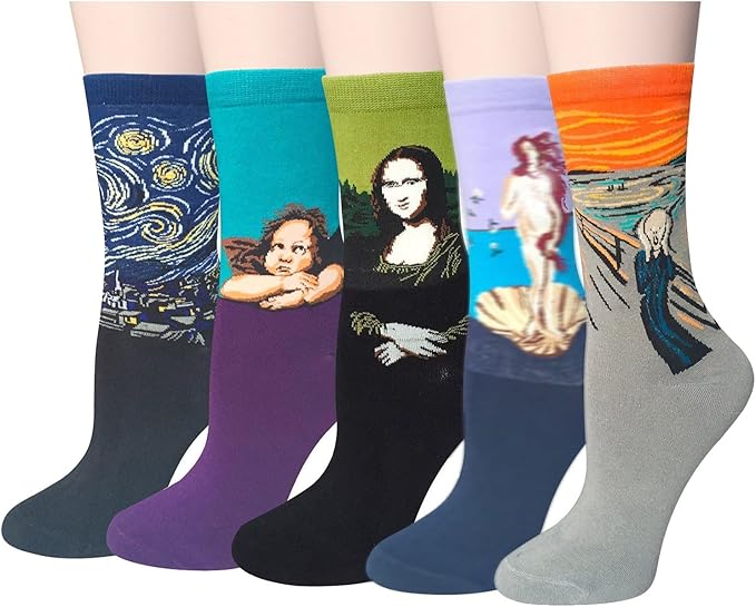 5 Pairs Womens Fun Famous Painting Patterned Art Socks Cotton, Printed Cool Novelty Funny Socks for Women