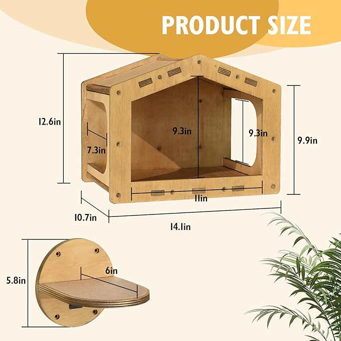 Cat Wall Shelves, Cat Shelves and Perches for Wall, Cat House Fit Cat Up to 25Lbs, 1 Cat Condo House and 3 Large Cat Steps with Scratching Pad, Cat Climbing Shelf for Indoor, Cat Wall Furniture