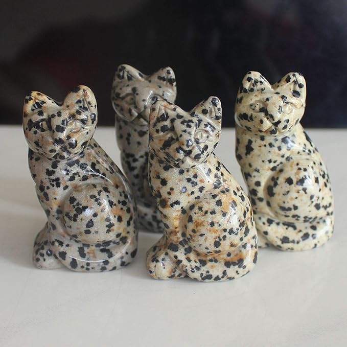 2‘’ Hand Carved Mixed Gemstone Crystal cat Figurine Animal Carving (Dalmation Jasper)