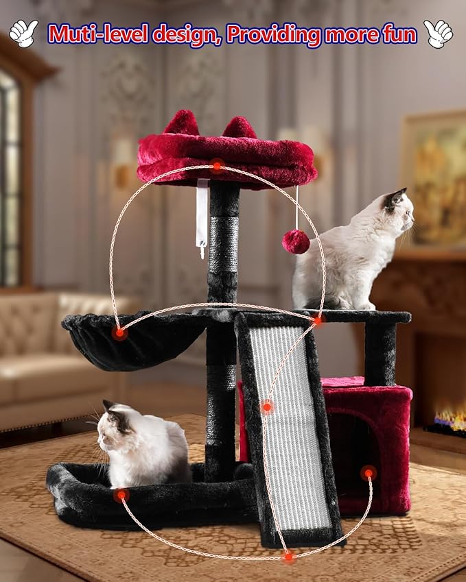 Gothic Cat Tree, Halloween Cat Tower with condo, Basket, Large Bed, Platform, Scratch Board, Cat Scratching Posts for Indoor Cats, Black and Red GCT002SBR