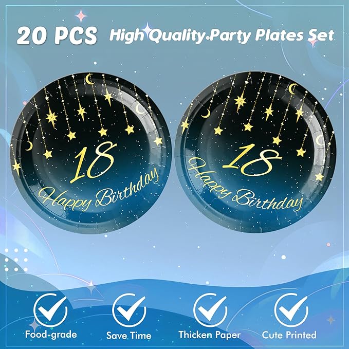 18th Birthday Party Decorations, 41Pcs Starry Sky Party Tableware Set Includes 20 Plate 20 Napkins and 1 Tablecloth, 18 Years Old Birthday Theme Party Supplies for Boys Girls Birthday Party Favors
