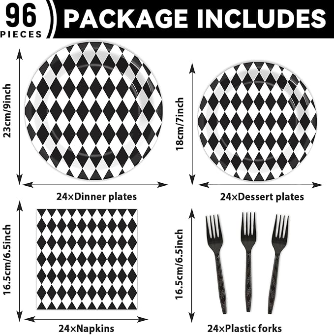 96Pcs Wonderland Party Supplies Black and White Checkered Party Plates and Napkins Race Car Party Disposable Tableware Decorations for Birthday Baby Shower Party Favors for 24 Guests