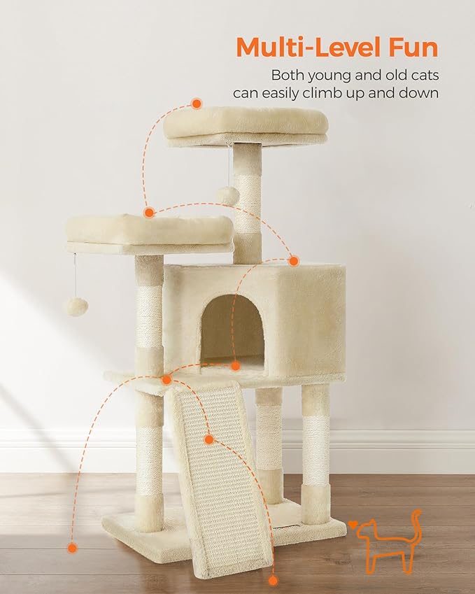 Feandrea Cat Tower, Cat Tree for Indoor Cats, 45.3-Inch Cat Condo with Scratching Post, Ramp, Perch, Spacious Cat Cave, for Kittens, Elderly Cats, Adult Cats, Small Space, Beige UPCT141M01