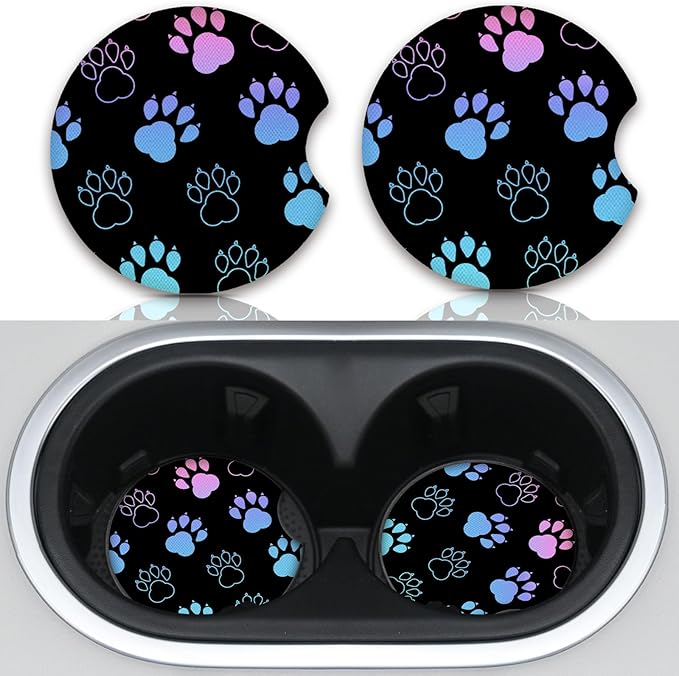 Absorbent Car Coasters for Cup Holders, 2 Pack Universal Neoprene Car Coasters with Finger Slot, Auto Accessories for Women & Men,2.56"(Gradient Black Dog paw Print)