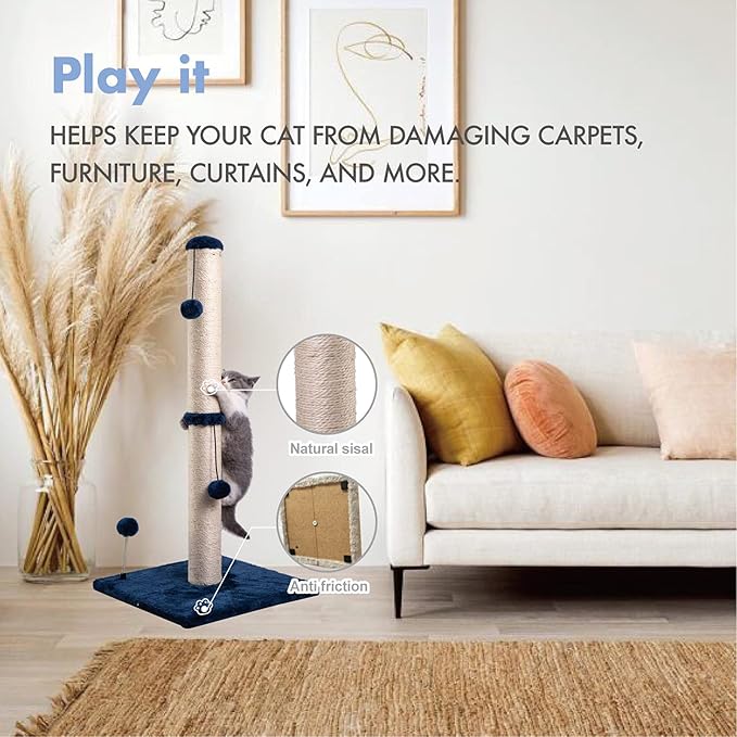 MECOOL 34“ Tall Cat Scratching Post Premium Basics Kitten Scratcher Sisal Scratch Posts Trees with Hanging Ball for Indoor Cats (34 inches for Adult Cats, Navy)