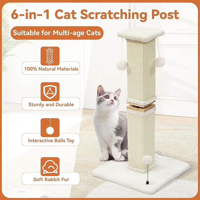 OTOB Cat Scratching Post 33 Inch, Nature Sisal Scratching Posts for Indoor Cats Adults Kitten, 6-in-1 Interactive Turntable Cat Scratch Post Protect Your Furniture, Large Cat Scratcher, Beige