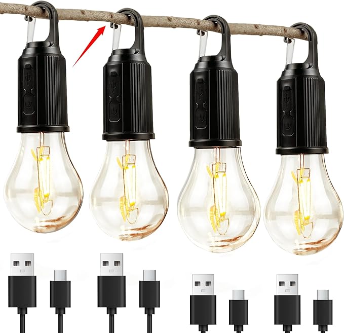 4 Pack Camping Lights Rechargeable, Hanging Tent Lights Bulb with Hook, Timer Function, 3 Lighting Modes Tent Lamp for Camping, Hiking, Backpacking, Emergency Outage(Black)