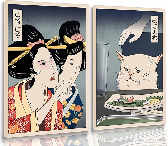 2 Pieces Fun Cute Canvas Paintings Japanese Women Yell at Cats Eat Food Posters and Prints Vintage Wall Art meme poster Pictures Dining Room Wall Decoration Living Room Kitchen Hallway Unframed 16x24 inches…