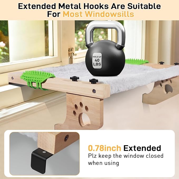 Cat Sill Window Perch Sturdy Cat Hammock Window Seat with Cat Self Groomer,Wood & Metal Frame for Large Cats,Easy to Adjust Cat Bed for Windowsill,Bedside