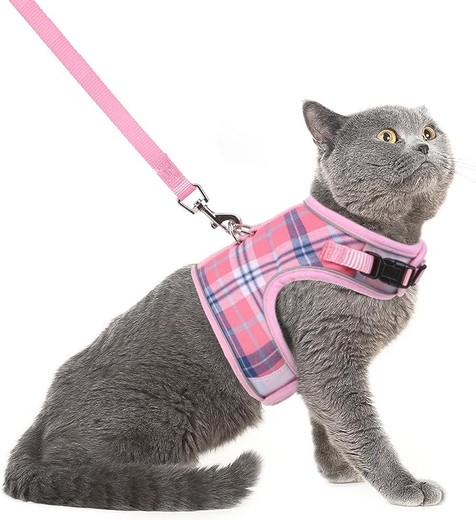 PUPTECK Soft Mesh Cat Vest Harness and Leash Set Puppy Padded Pet Harnesses Escape Proof for Cats Small Dogs Rabbits Bunny, Plaid Pink, L