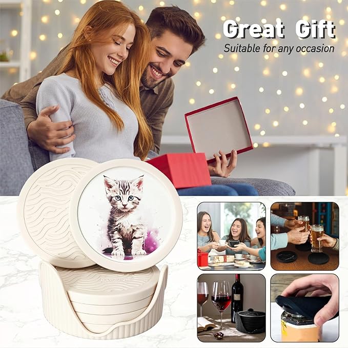 6 Pack Cute Cat Pattern Coasters with Deep Tray Holder, Double Sided Drink Coasters, Beverage Mats for Hot or Cold Drinks, Non-Slip, Non-Stick Silicone with Ceramic Insert Pet Patterned Coaster