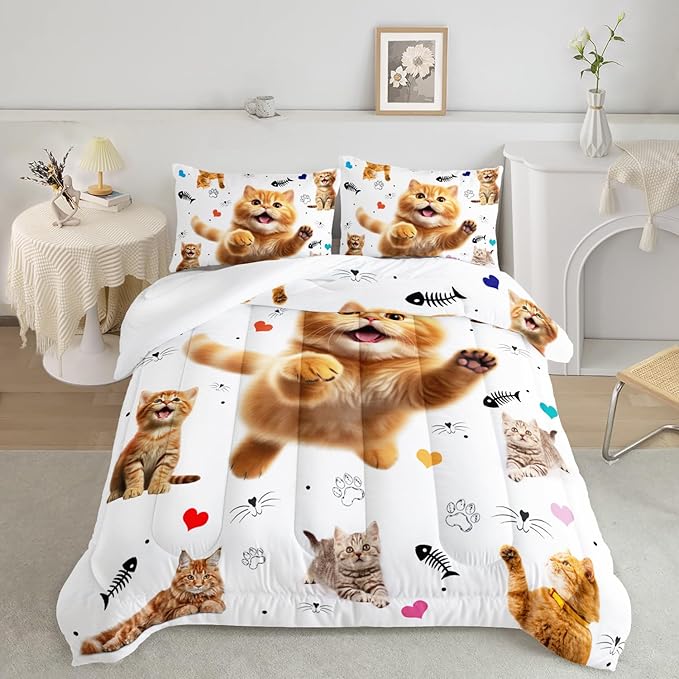 AILONEN Kids Kitten Cat Comforter Set Full Size,Kawaii Cat Bedding for Girls,Cute Pet Animal Cat Duvet Set 3 Piece,1 Comforter with 2 Pillowcases,Cartoon