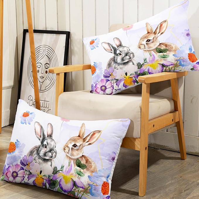 AILONEN Watercolor Rabbit Comforter Set Queen Size, Wild Flowers Rabbit Themed Microfiber Soft Bedding Set,3-Piece Tie Dye Rabbit Printed Home Decorative Comforter with 2 Pillowcases