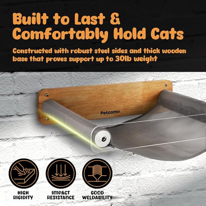 Cat Hammock Wall Mounted, Wooden Kitty Wall Furniture, Stable Shelves Floating Cat Perches for Sleeping, Playing, Climbing and Lounging - MK2012A