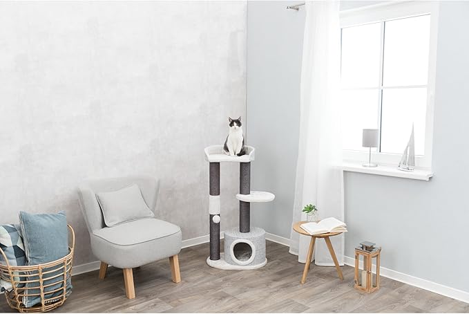 TRIXIE Pilar Cat Scratching Post 39.4 Inch - with Durable Sisal Rope (Gray) and Condo, Two Platforms, Top Platform with Backrest & Dangling Cat Toy - in Gray