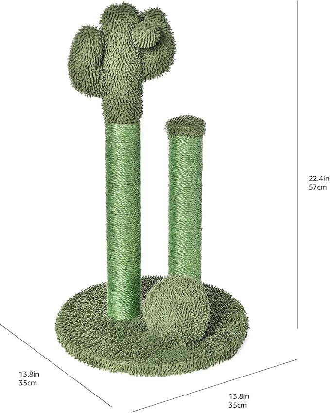 Amazon Basics Cactus Cat Scratching Post with Three Posts and Dangling Ball, Sisal and Carpet, Small, 22.44" Tall, Green
