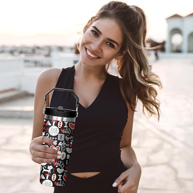 30 Oz Cat Tumbler with Straw and Handle, Insulated Cat Mugs for Cat Lovers, Double Wall Stainless Steel Cat Coffee Mug, Cat Mom Mug or Cat Dad Mug and 30 Oz Cat Cups Gifts for Cat Lovers for Women