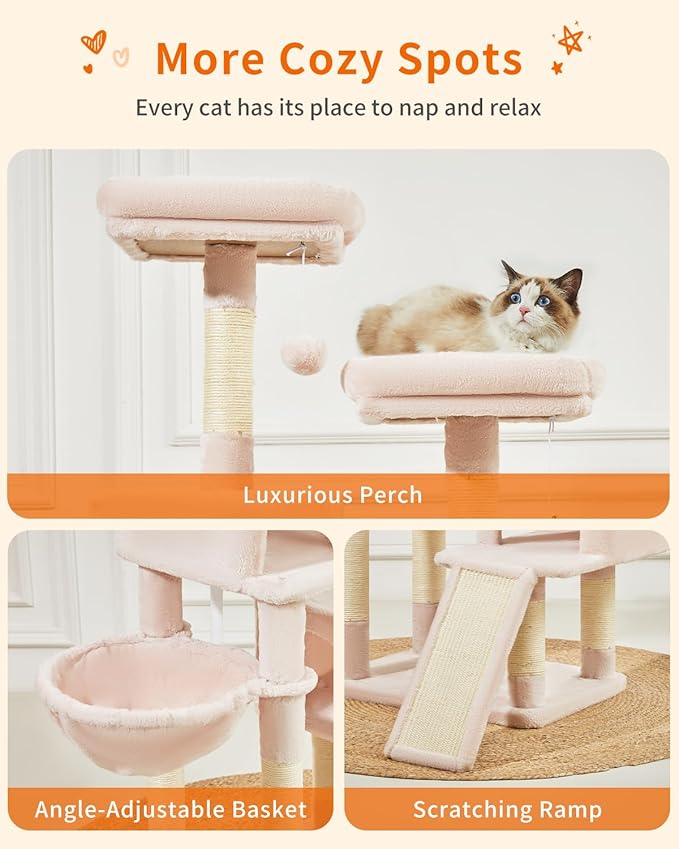 Taoqimiao 56.3-Inch Cat Tree, Cat Tower with Scratching Posts, Cat Tree House for Indoor Cats with hammocks, Toys, Condo and Large Scratch Board, MS012P Elly Pink