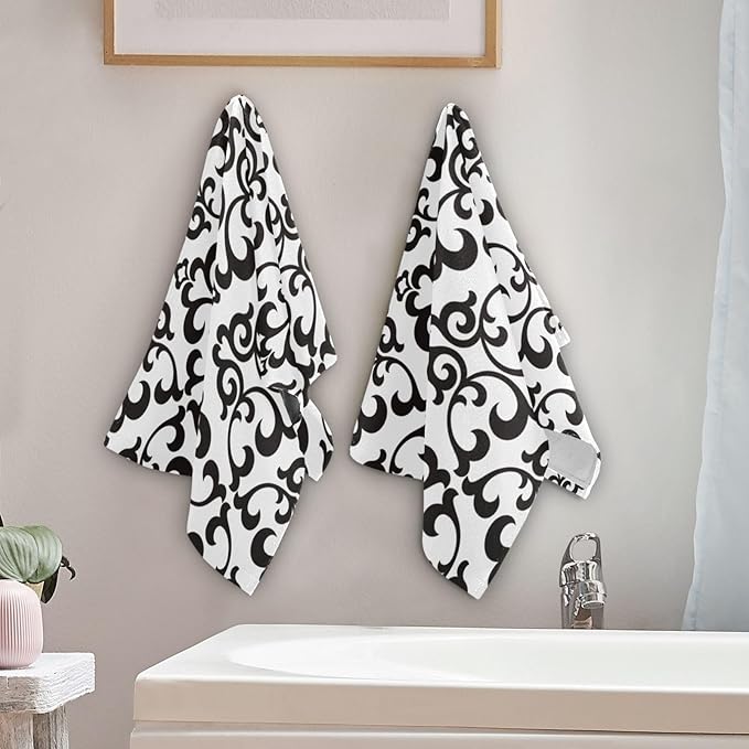 2 Pack White Black Boho Floral Hand Towels for Bathroom,Soft Absorbent Vintage Abstract Flower Modern Bath Hand Towels for Kitchen,Decorative Guest Bathroom Towels for Face,Shower,Gym 14"x28"