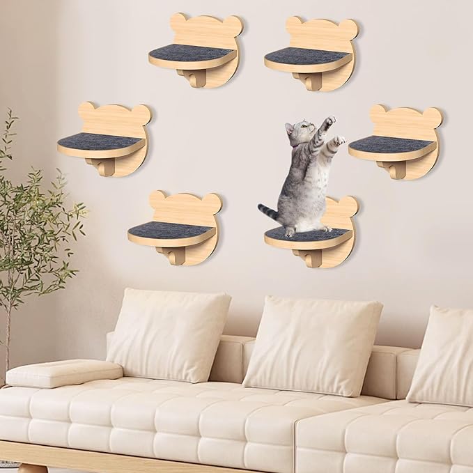 kathson 6 Pcs Cat Shelves for Wall Cat Wall Mounted Shelves Cat Wall Steps Wood Cat Climbing Shelves Cat Stairs with Non Slip Felt Cat Ladder Cat Wall Furniture for Springboard Playing (Bear Shape)