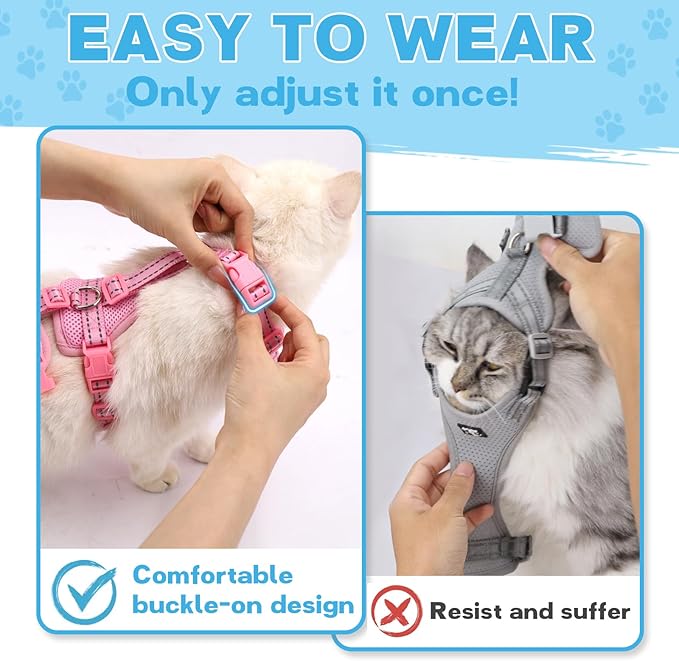 Fully Escape Proof Cat Harness and Leash Set for Walking, Adjustable Soft Kitten Vest with Reflective Strip for Small Medium Large Adult Cats, Breathable Kitty Harness,Pink M