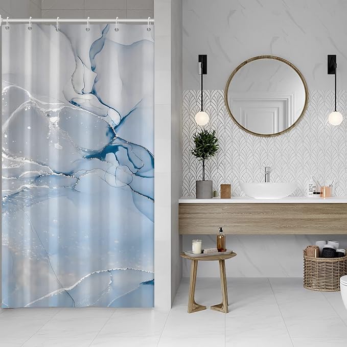 AWERT Blue Marble Shower Curtain for Bathroom Modern Blue White Marble Ink Shower Curtain with Hooks Washable Bathroom Accessories Bathtub Decor 36x72inch