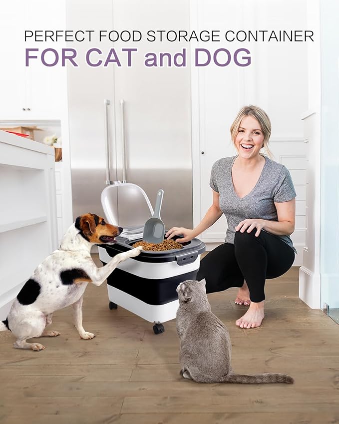 ANVS 20Lbs Dog Food Storage Container Collapsible Dog Food Container with Airtight Lids,Wheels, Scoop and 2.5L Small Pet Food Storage Container Dry Food For Dog, Cat and Other Pet Food (Black)