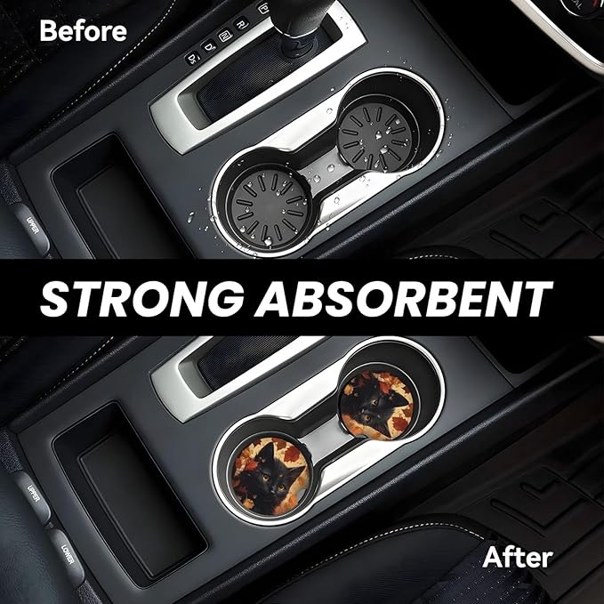 Absorbent Ceramic Car Coasters for Cup Holders, Black Cat Fall Leaf Design 2.56" Anti Slip Universal Drink Cup Coasters for Women Men (2 Pack)