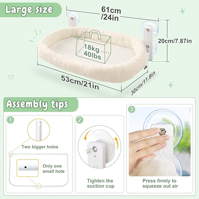 Sunhoo Cat Hammock Perch for Window Seat Bed Indoor Cats Lounger Window Sill Ledge Foldable Kitten Shelf Cordless No Drilling Washable Plush Cushion Heavy Duty Metal Frame 21 * 11.8 in Easy Assembly