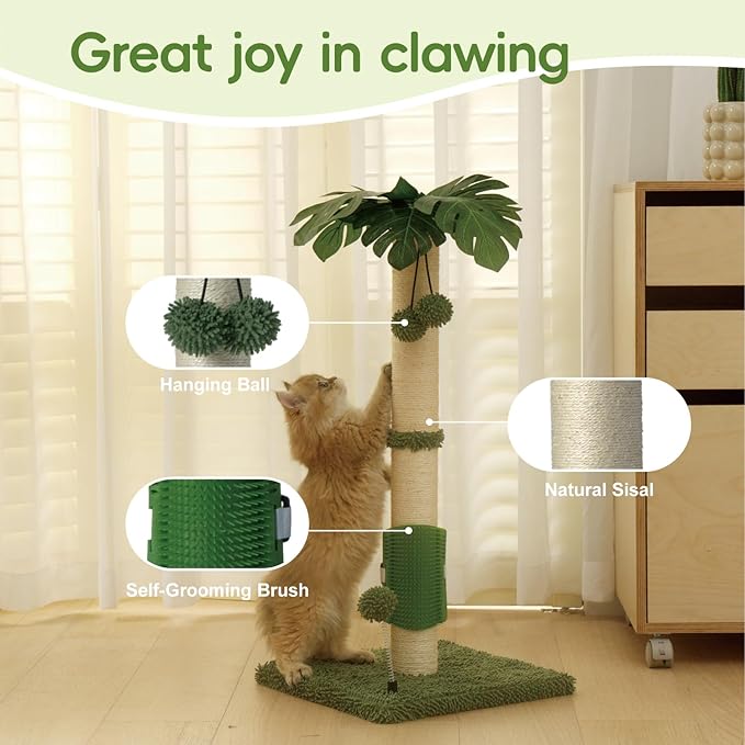 MECOOL Cat Scartching Post，30-inch Cute Scartching Posts for Indoor Cats and Kittens,Natural Sisal Rope and Hanging Ball Toy, Self-Grooming Brush,Green