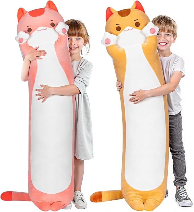 Artist-Designed Ultra Soft Long Cat Plush Body Pillow, Extra Stuffing for Comfort, Premium Quality Stuffed Animal Gift for Girlfriend or Cat Lovers (Pink Cat Body Pillow 28 Inch)