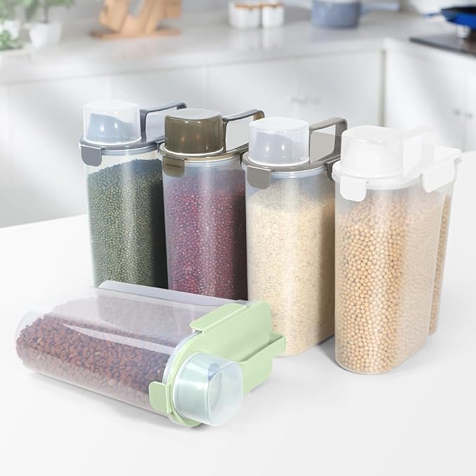 5-10LBS Dog Storage Container with Large Nozzle Design, 4 Safety Buckles, Double-Layer Sealing Strips and a Handle and Measuring Cup is Easy to Clean and Does BPA-free.