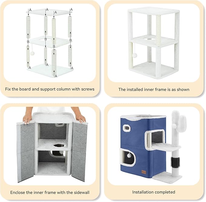 YITAHOME 2-Tier Cat House, Indoor Cat Cave Bed Playhouse, Cat Tunnels with Scratch Pad and Hideaway Cube, Cute Modern Cat Condo Furniture for Multi Small Cats, Cactus (Blue)